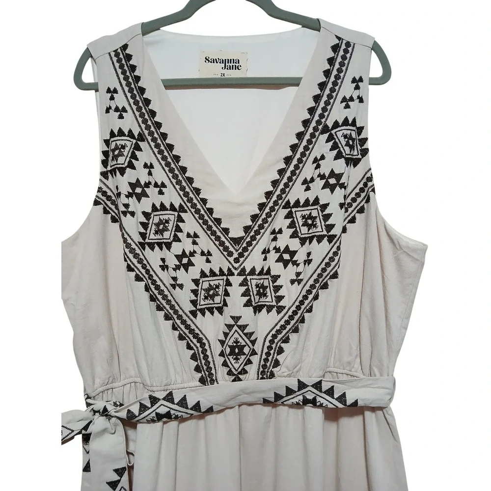 Savanna Jane Embroidered Tiered Midi Dress Beige Black Boho Western Womens 2X - Picture 4 of 11